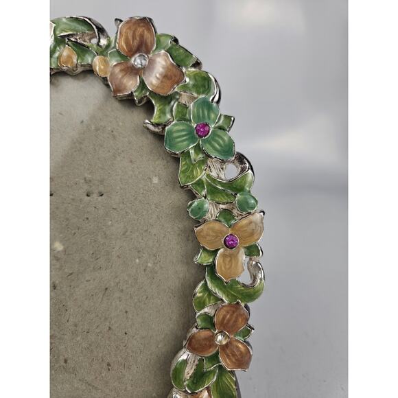 Enamel Peach & Green w/ Rhinestone Oval Photo Picture Frame 7"‎ - Picture 3 of 6